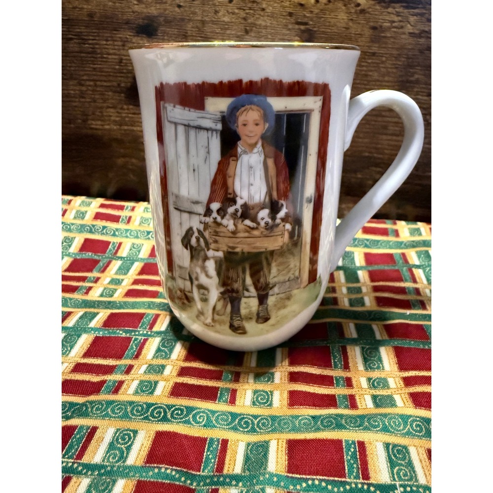 Vintage 1986 Norman Rockwell Museum Puppy Love Coffee Mug Gold Trim Japan